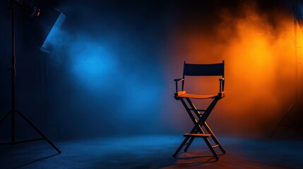 Empty Director Chair on Dimly Lit Film Set with Dramatic Blue and Orange Studio Lights