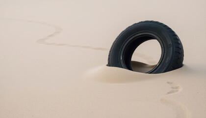 Discarded Old Car Tire Partially Buried in Sandy Desert Landscape