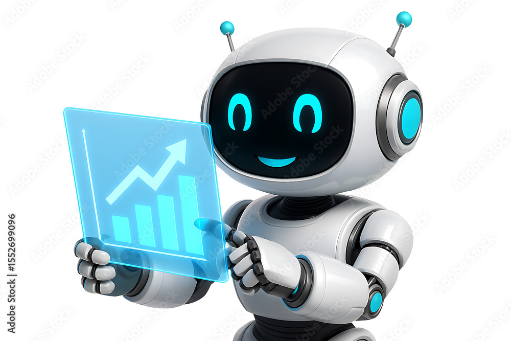 Aufkleber smiling 3d ai robot analyzing holographic growth chart, futuristic technology assistant with analyti