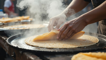 Street Vendor's Hands Preparing Thin Flatbread or Crepe on a Hot Griddle with Steam Rising