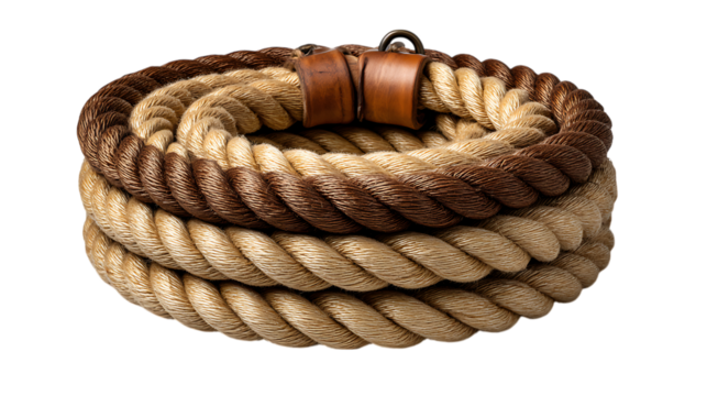 Thick braided rope with leather accents and metal ring isolated on transparent background