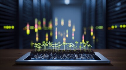 Vibrant green seedlings sprouting from soil on a circuit-patterned device, contrasting with a dark server room filled with active black racks and colorful lights.