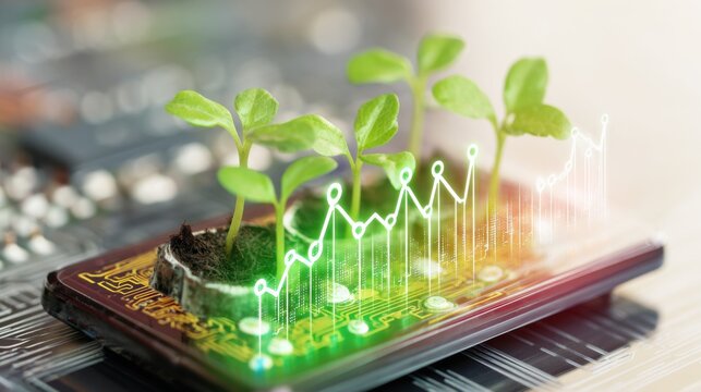 Young green seedlings growing from a reddish-brown circuit board with yellow patterns, glowing green line graph overlay, symbolizing the fusion of nature and technological advancement. - Powered by Adobe