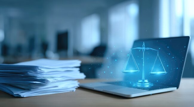 A laptop displays a glowing scales of justice icon, symbolizing legal tech,  beside a stack of paperwork on a desk in a blurred office background