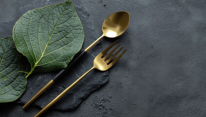 Gold cutlery and green leaves on dark slate