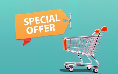 Shopping cart and special offer sign suggesting a promotion. High quality