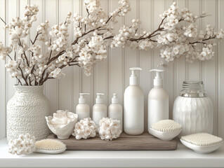 Set of luxurious beauty ritual products, featuring high-end skincare, serene setting elegant accessories and white flowers. Realistic style illustration