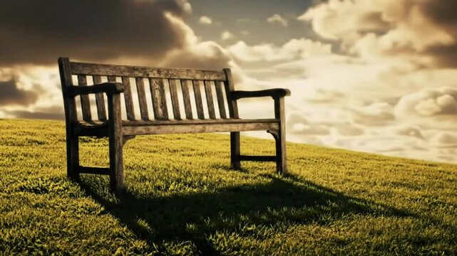 Lonely wooden bench casting long shadow on grassy hill under dramatic sky, seamless looping time-lapse 4k video background