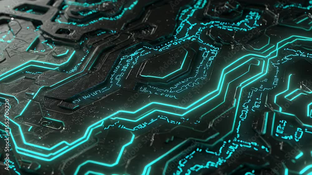 Poster abstract circuit board pattern with glowing turquoise lines