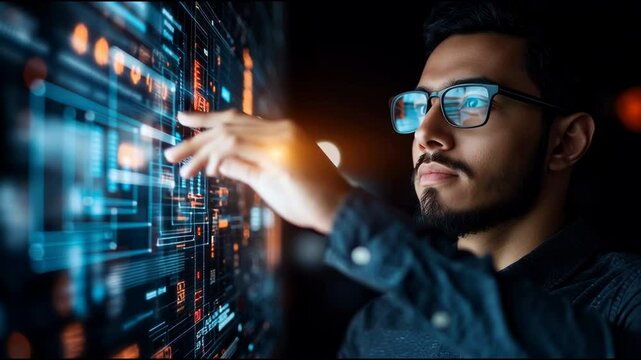 Technologist at Interactive Display A focused male technologist wearing glasses interacts with a large, dynamic interactive display screen filled with data.
