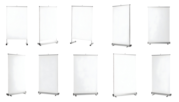 Multiple portable blank whiteboards with silver frames and various stand designs