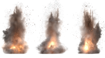 Triple explosion, gray, orange smoke rising up