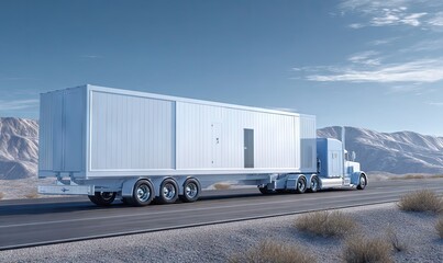A long-haul, light-blue semi-truck towing a large, white, rectangular cargo container across a desert highway under a clear, bright sky