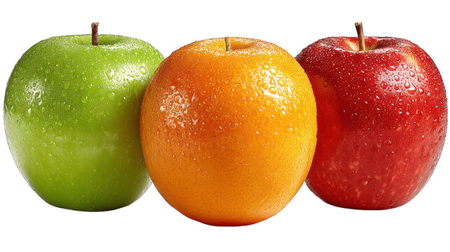 Trio of fruits, green apple, orange, and red apple
