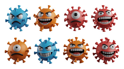 Cartoonish stylized viruses with expressive faces in blue, orange, and red against a transparent background, offering visual interest