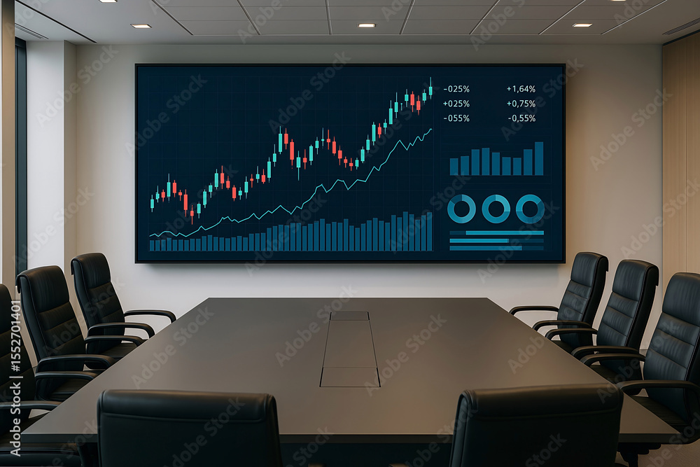 Poster modern conference room with financial data displayed on a large screen illustrating business strateg