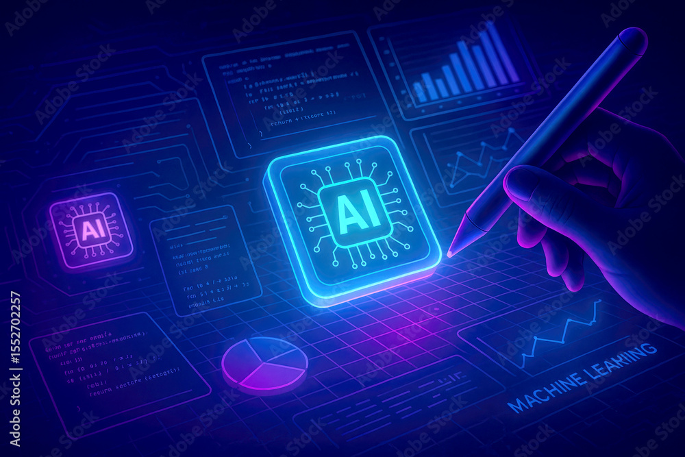 Poster ai microchip digital interface stylus hand neon blue purple technology machine learning data graphs 