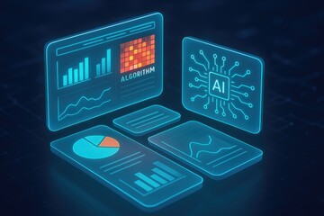 Blue Neon AI Algorithm DatAInterfaces Charts Graphs Display Screen Technology artificial intelligence