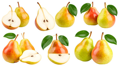 Obraz premium Assorted Pears: Whole, Halved, and Paired with Leaves, Displaying Varied Colors