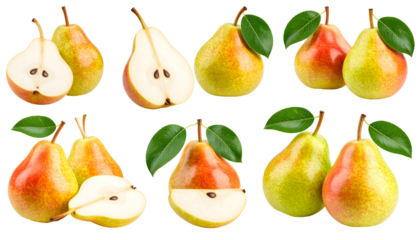 Assorted Pears: Whole, Halved, and Paired with Leaves, Displaying Varied Colors