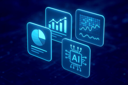 Blue Neon Glowing Data Analytics AI Microchip Pie Chart Bar Graph Waveform Technology Interface