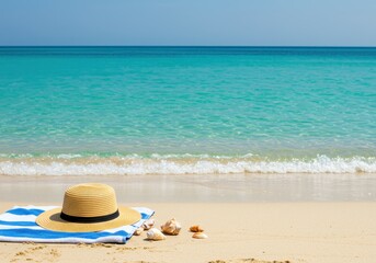 A straw hat sits on a blue and white striped beach towel next to some seashells on a sandy beach with a tranquil ocean in the background