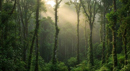 Sunlight filtering through misty forest
