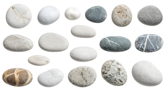 Assorted smooth beach stones with varied textures and colors, isolated on transparent