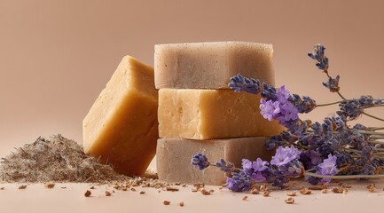 A stack of three pale beige and one amber artisan soaps sits beside a pile of dried herbs and sprigs of lavender against a muted beige background