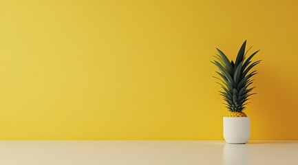 Pineapple plant in white pot against yellow wall
