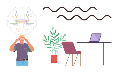 Man holding temples with illustrated brain circuit, wavy lines above minimal office desk, laptop, plant. Ideal for creativity, focus, thinking process, workspace, innovation productivity remote