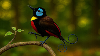 Fototapeta premium Vibrant Bird of Paradise with Spiral Tail Spreads Wings on a Tree Branch.