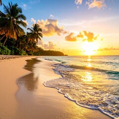 A breathtaking tropical beach with crystal-clear turquoise water, soft white sand, gentle waves, and palm trees swaying under a golden sunset, ultra-detailed and serene