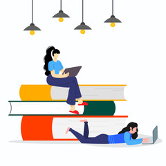 A women using laptop with big icon stack of book. Online books to read concept.