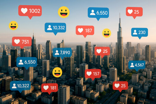 Cityscape Skyline with Overlaid Social MediAIcons Showing Likes Followers and Emojis Red Blue and Yellow Color Scheme