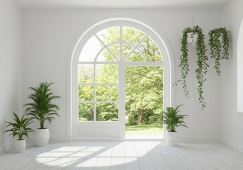 A bright minimalist room with an arched door and window overlooking a lush green garden features potted plants
