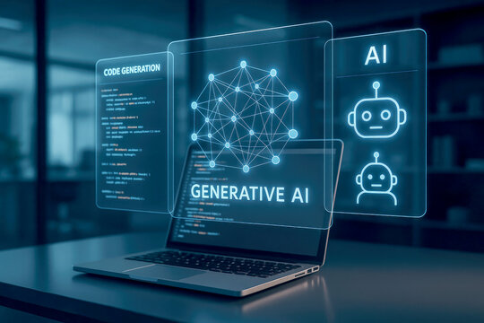 Generative AI Code Generation Laptop Screen Display Blue Network Robot Icons Dark Office Setting