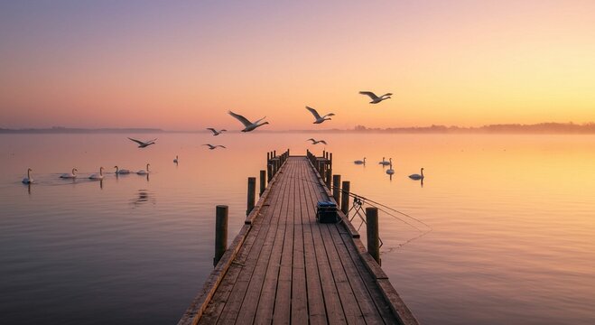 Sunrise over calm lake pier