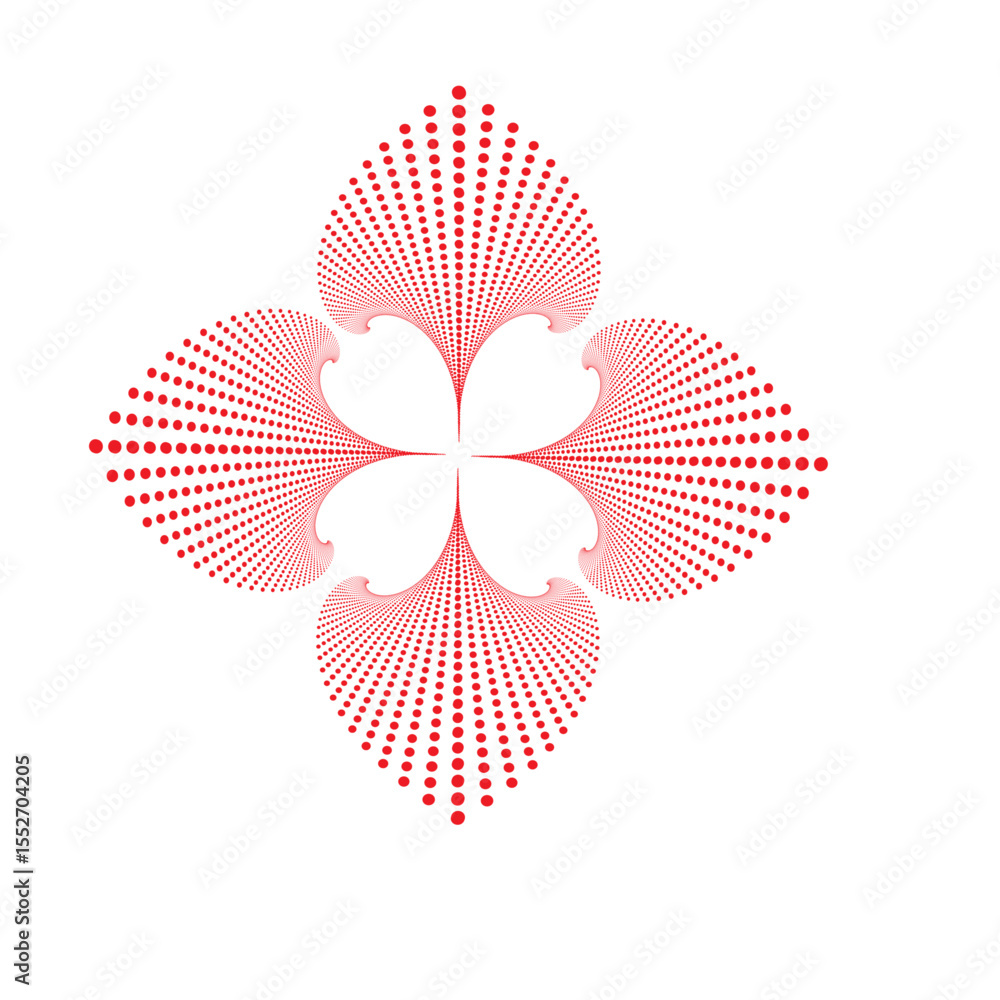 Poster a symmetrical abstract floral design with red dots radiating from the center on a white background i
