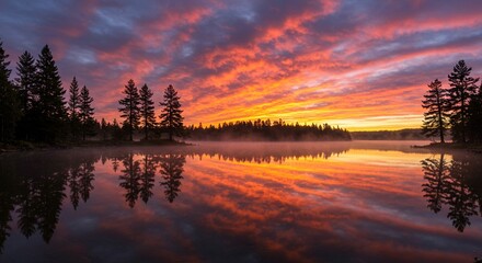 Fototapeta premium Sunrise over calm lake with silhouette trees