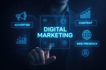 Fototapeta premium Hand Interacting with Digital Marketing Interface Showing Advertise Content Web Presence Icons Blue Background