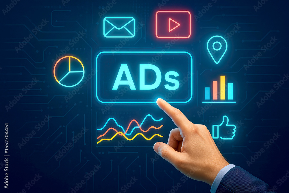 Poster hand interacting with neon blue ads interface showing charts graphs email play button location thumb