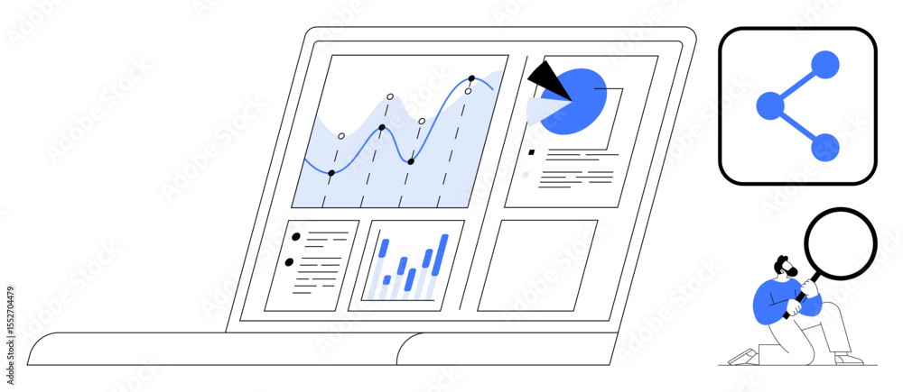 Poster laptop screen displays graphs, pie chart, and data widgets. man examines information with magnifier.