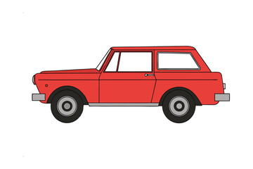Vintage car drawing: Illustration of a compact vintage red car on a smooth driving with white color in illustration, capturing a sense of nostalgia and classic automotive design.