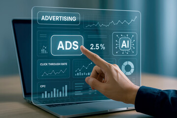 Hand Interacting with Teal Digital Advertising Interface Showing Ads AI Click Through Rate and CPC Data on Laptop Screen