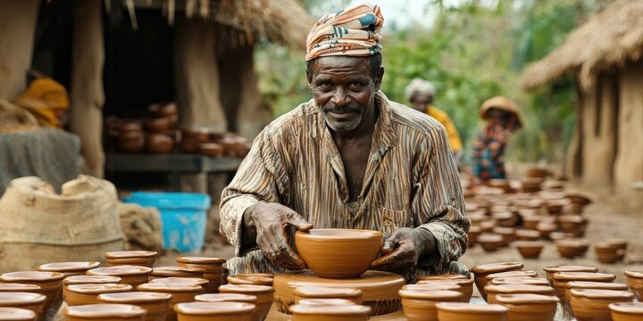 Elderly man works clay on spinning wheel in pottery workshop with shelves of handmade pots and blue walls. Generative by AI.