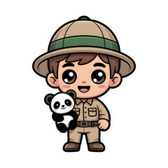 Cute little boy character illustration with a funny panda bear, wearing a hat and smiling