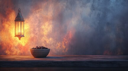 Warm-hued still life, lantern & bowl