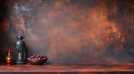 Dark, textured background with religious items