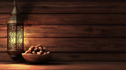 Ornate lantern, dates, wooden wall